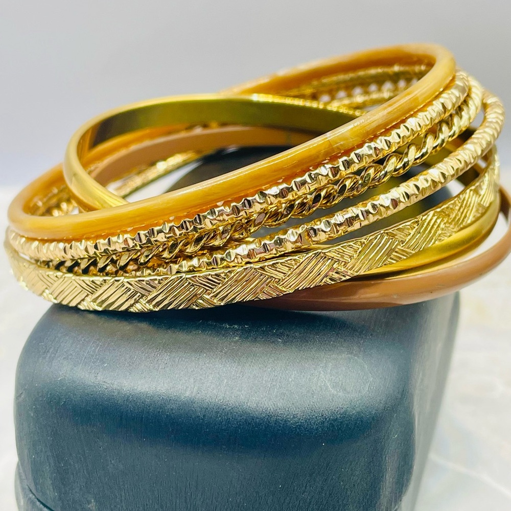 Gold Tone and Brown Acrylic Bangle Bracelet Set. Size 7 3/4 to 8 inches. Lot
